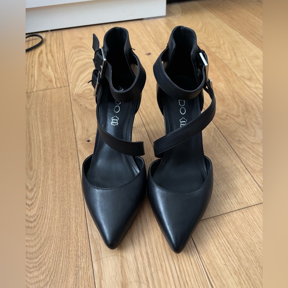 Aldo Real Leather Black Pointed-Toe Heels with Ankle Strap
